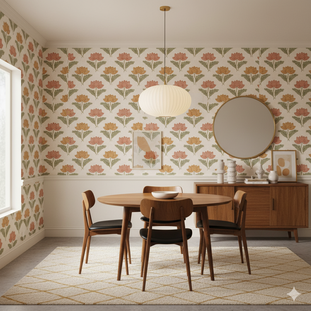 Kaveri Lotus Wallpaper with a floral pattern against a light background, covering the walls in a dining room setting.