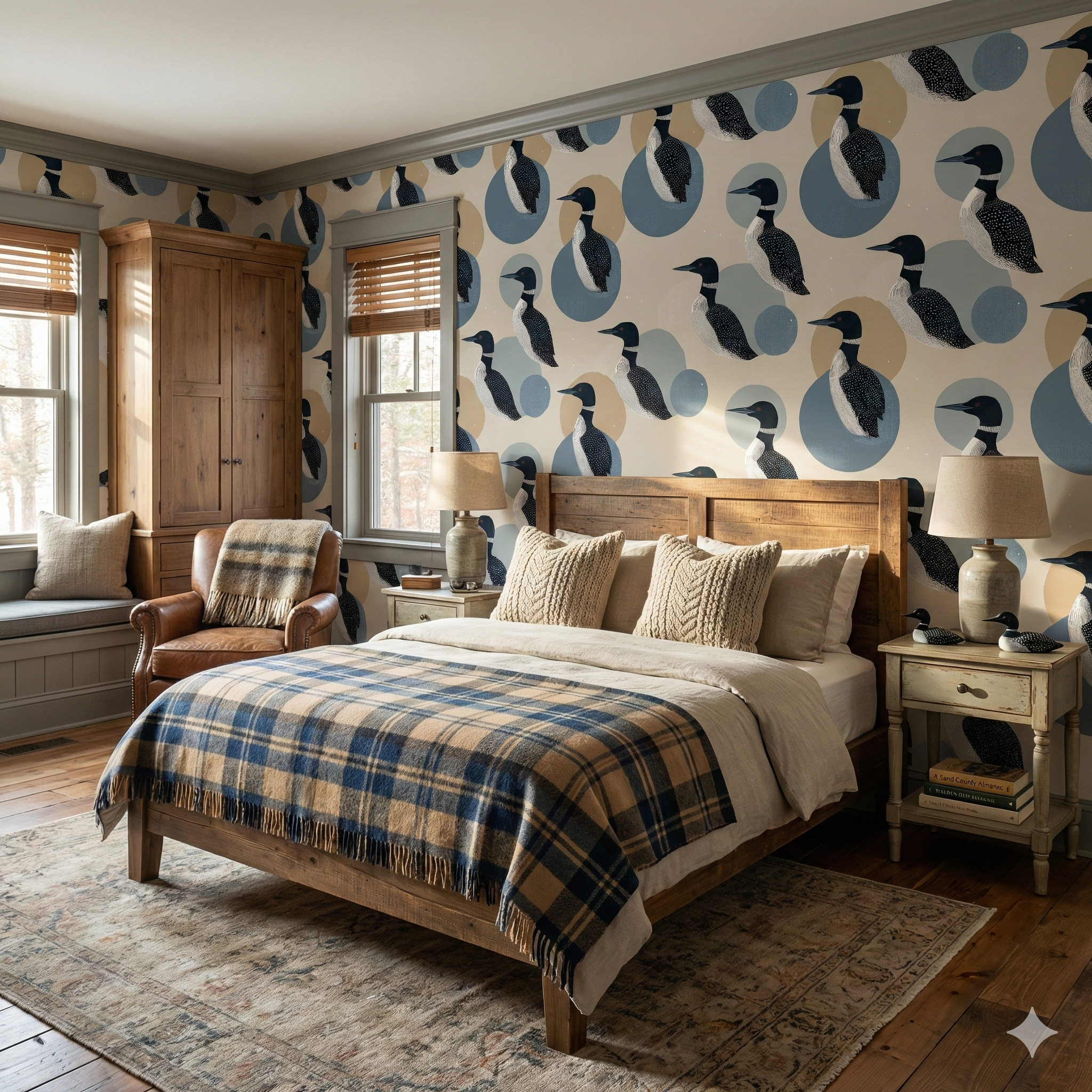 Northlake Loon Modern Wallpaper with bird and circle pattern on bedroom walls.