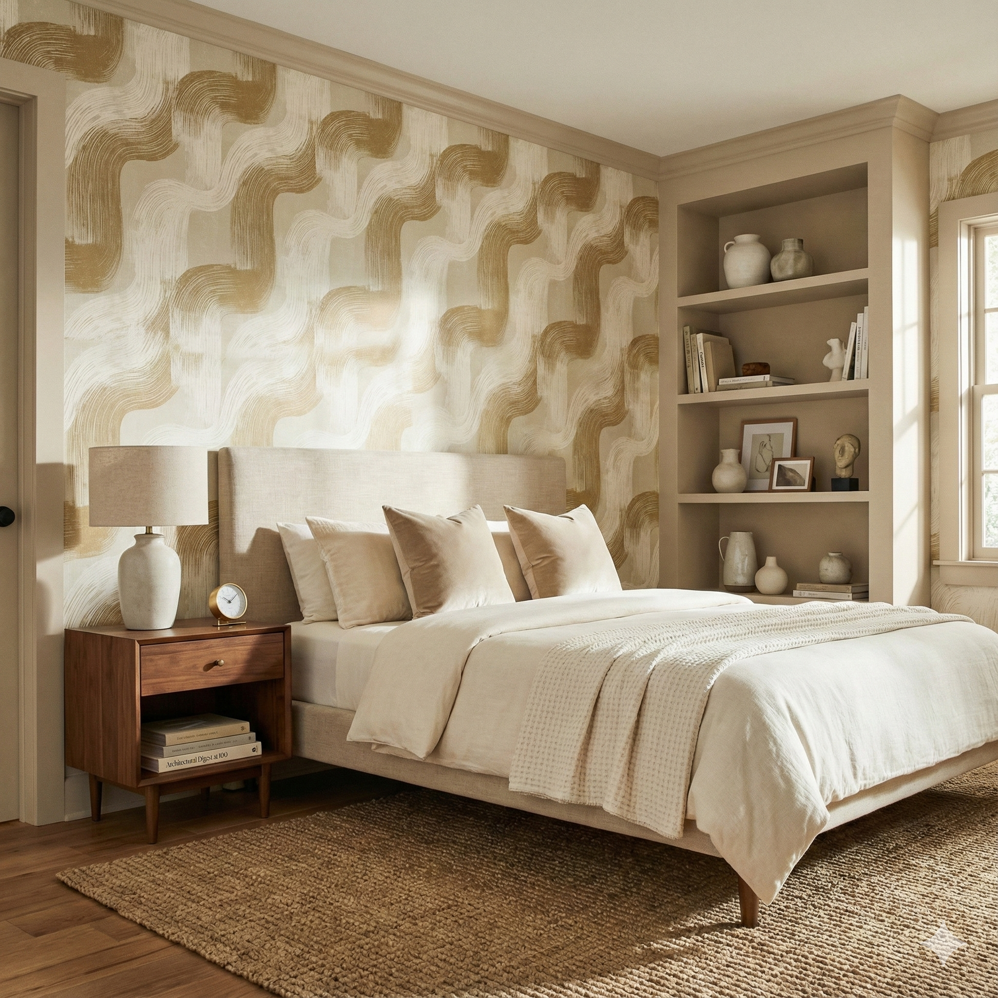 Golden Driftmark wallpaper with swirling pattern, beige and gold colors.
