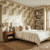 Golden Driftmark wallpaper with swirling pattern, beige and gold colors.
