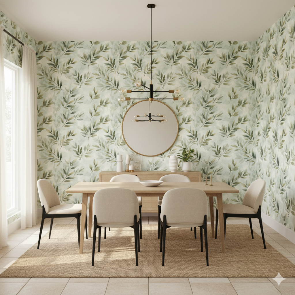 Olive Glade Wallpaper with leafy pattern on walls in a dining room.
