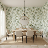 Olive Glade Wallpaper with leafy pattern on walls in a dining room.