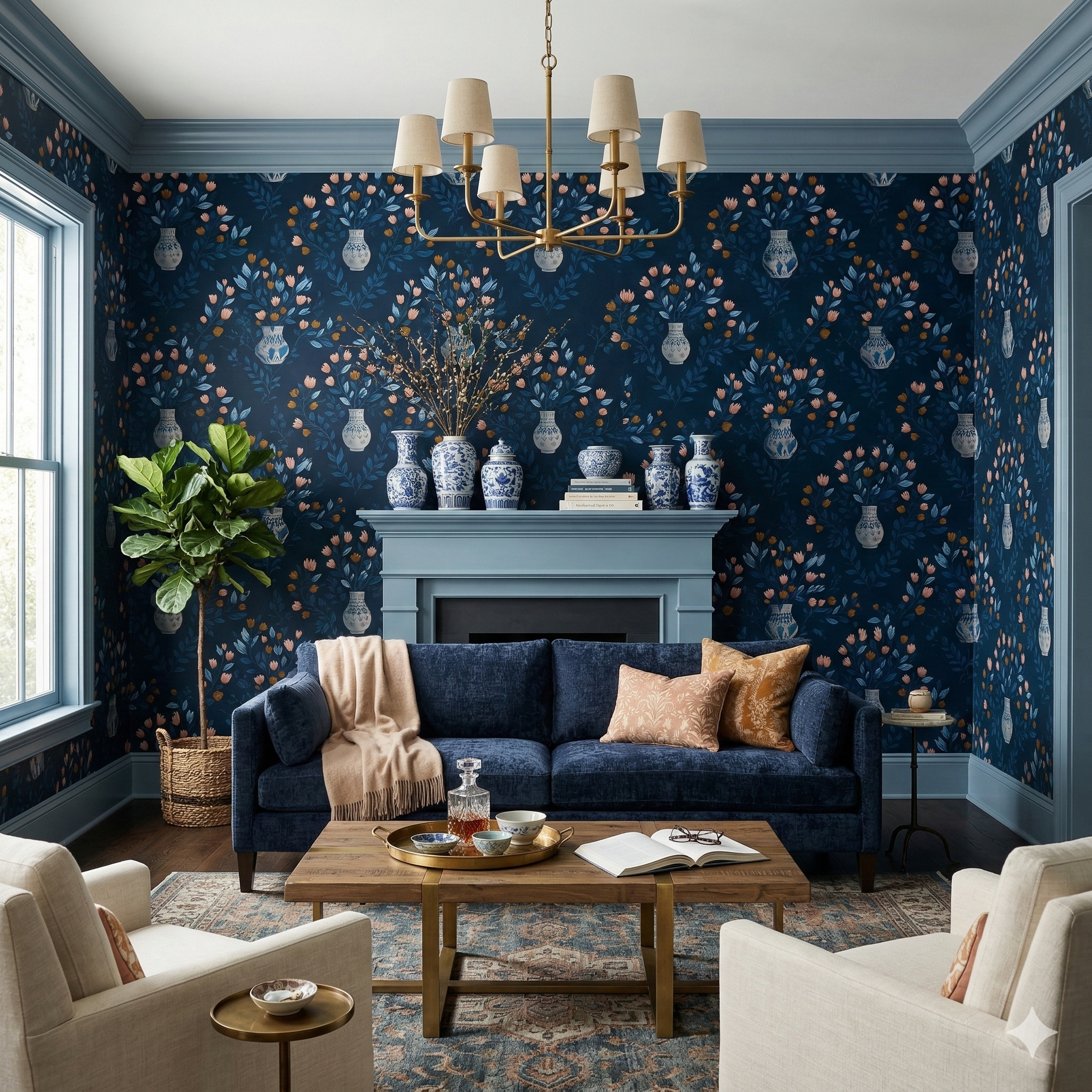 Indigo Etruria wallpaper with floral and vase pattern on navy background.