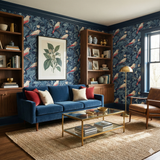 Nightgarden Aviary Wallpaper with botanical bird pattern, covering the wall of a styled living room.