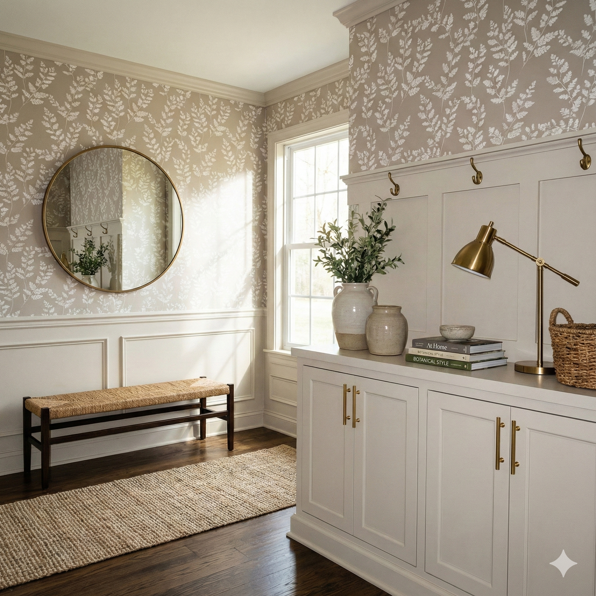 Fernshade wallpaper from Eastwood with a leafy white botanical pattern on a beige background.