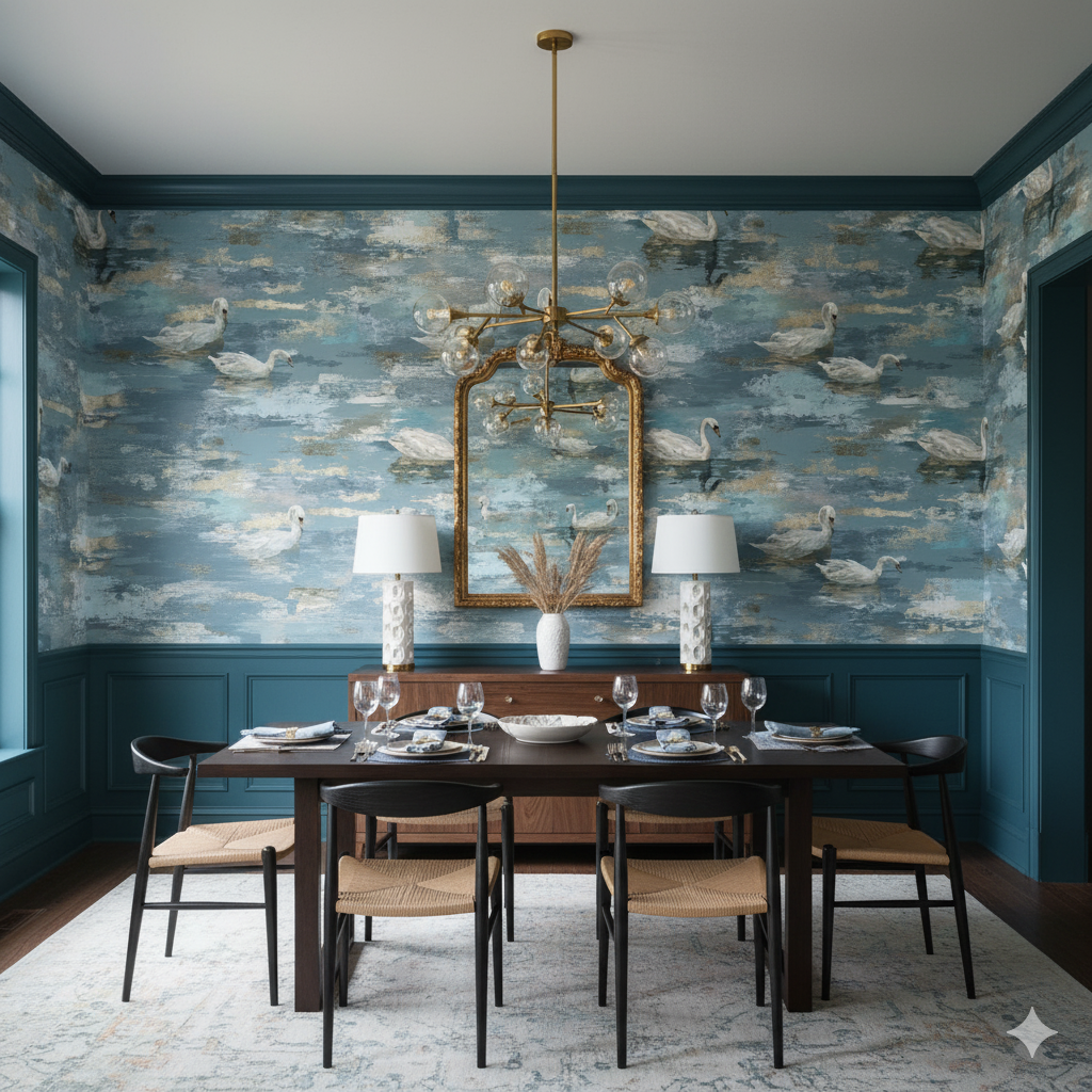 Swanmere wallpaper with a swan and water pattern, displayed in a styled dining room.