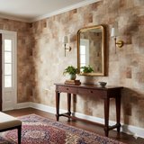 Savannah Clay Wallpaper with a textured, patchwork-like pattern in brown and beige tones.