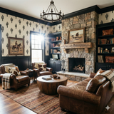 Cactus-patterned wallpaper with black trim, with the Sonoran Stillness Wallpaper set against a stone fireplace and leather furniture.
