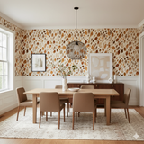 Auburn quarry wallpaper with a spot-like pattern, covering the upper portion of the dining room walls.