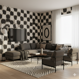 Canyon Circles wallpaper with black and white geometric circle pattern, decorating a modern living room.
