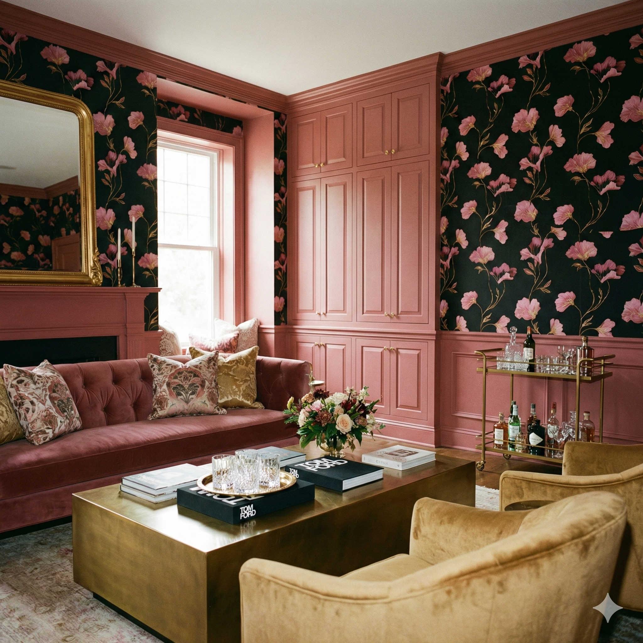 Floral wallpaper with pink flowers on a black background, atelier nocturne bliss wallpaper, with a leafy pattern.
