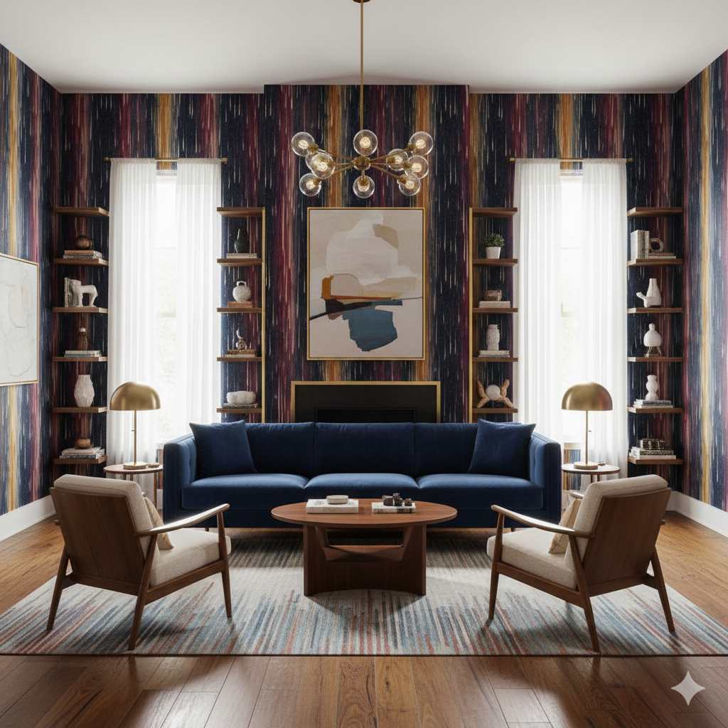 Falling Ember Skies wallpaper with dark vertical stripes, featuring gold accents.