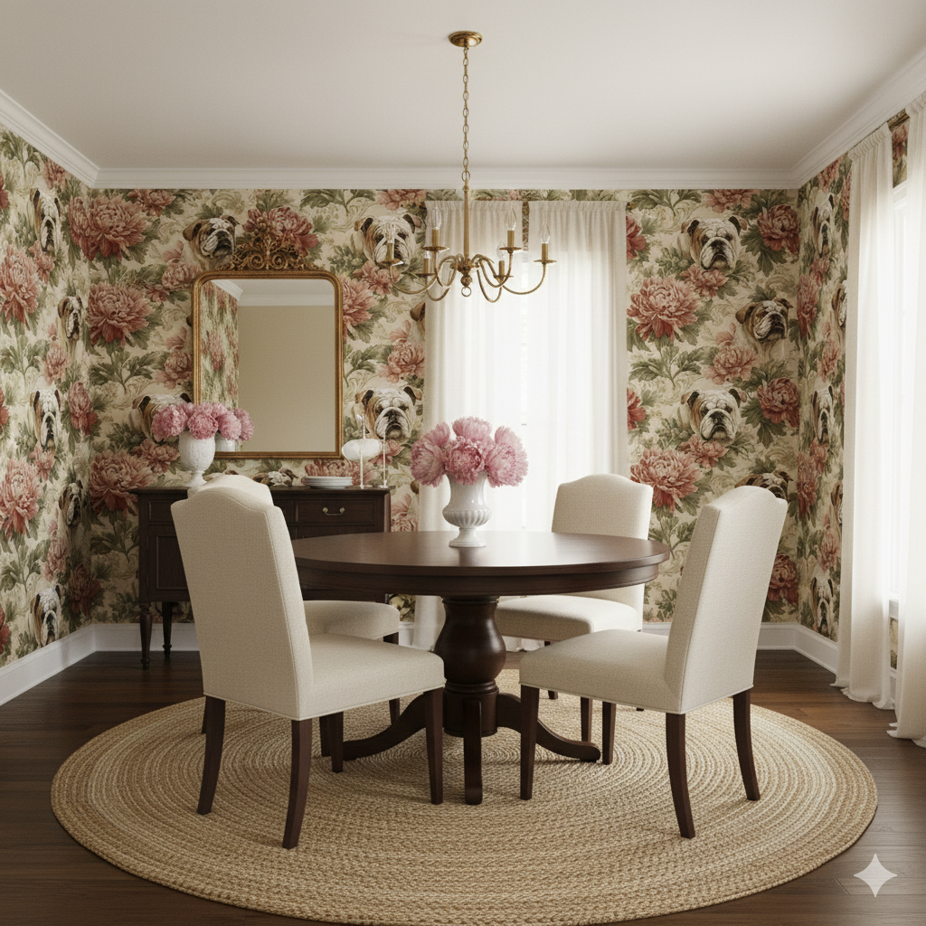English Garden Bulldogs Wallpaper featuring bulldog and floral pattern, over a light beige background.