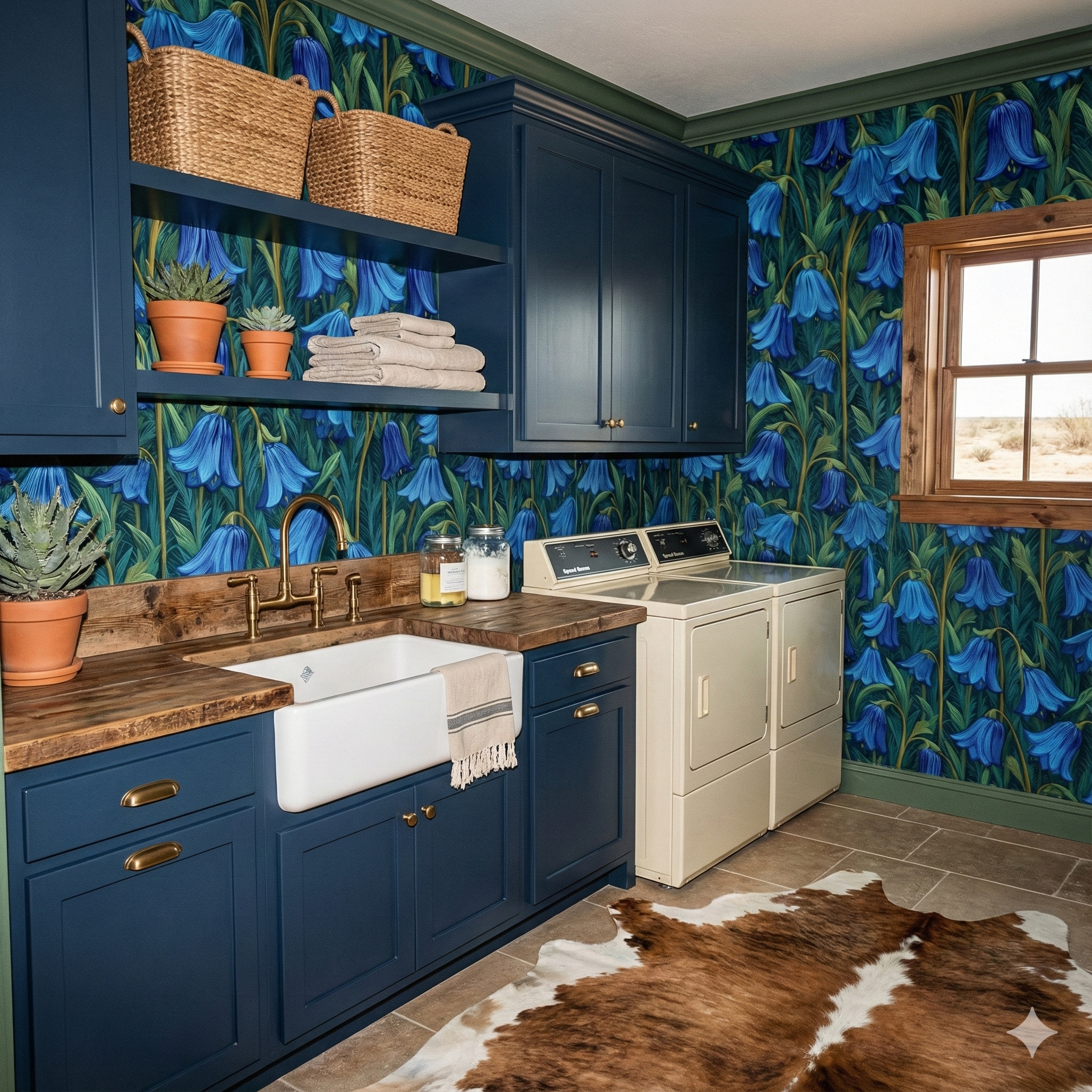Floral curtain wallpaper in blue by unknown vendor, showcased in a laundry room with bright blue cabinetry.
