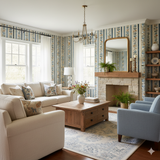 Dockside Anthem Wallpaper with striped floral design, covering the walls of a living room.