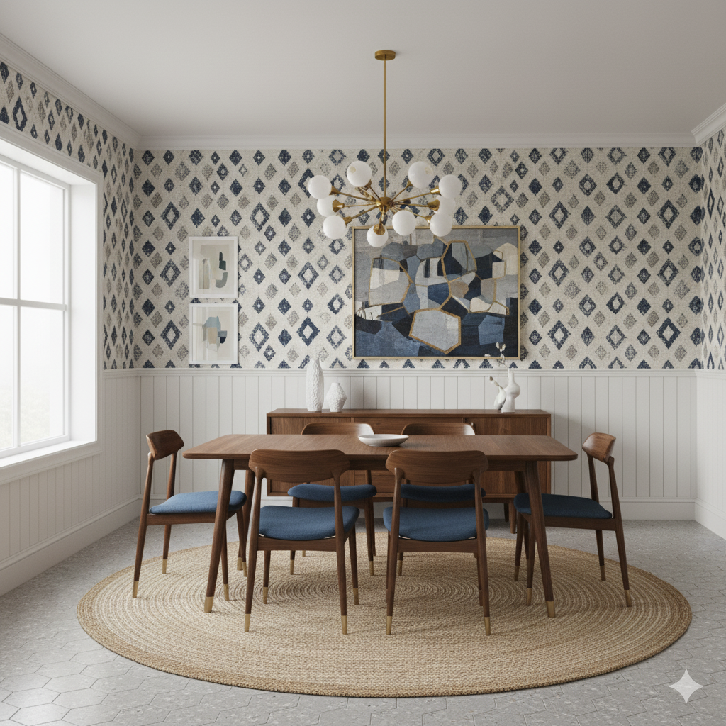 Diamond patterned wallpaper with blue and white hues, featuring abstract designs.