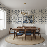 Diamond patterned wallpaper with blue and white hues, featuring abstract designs.