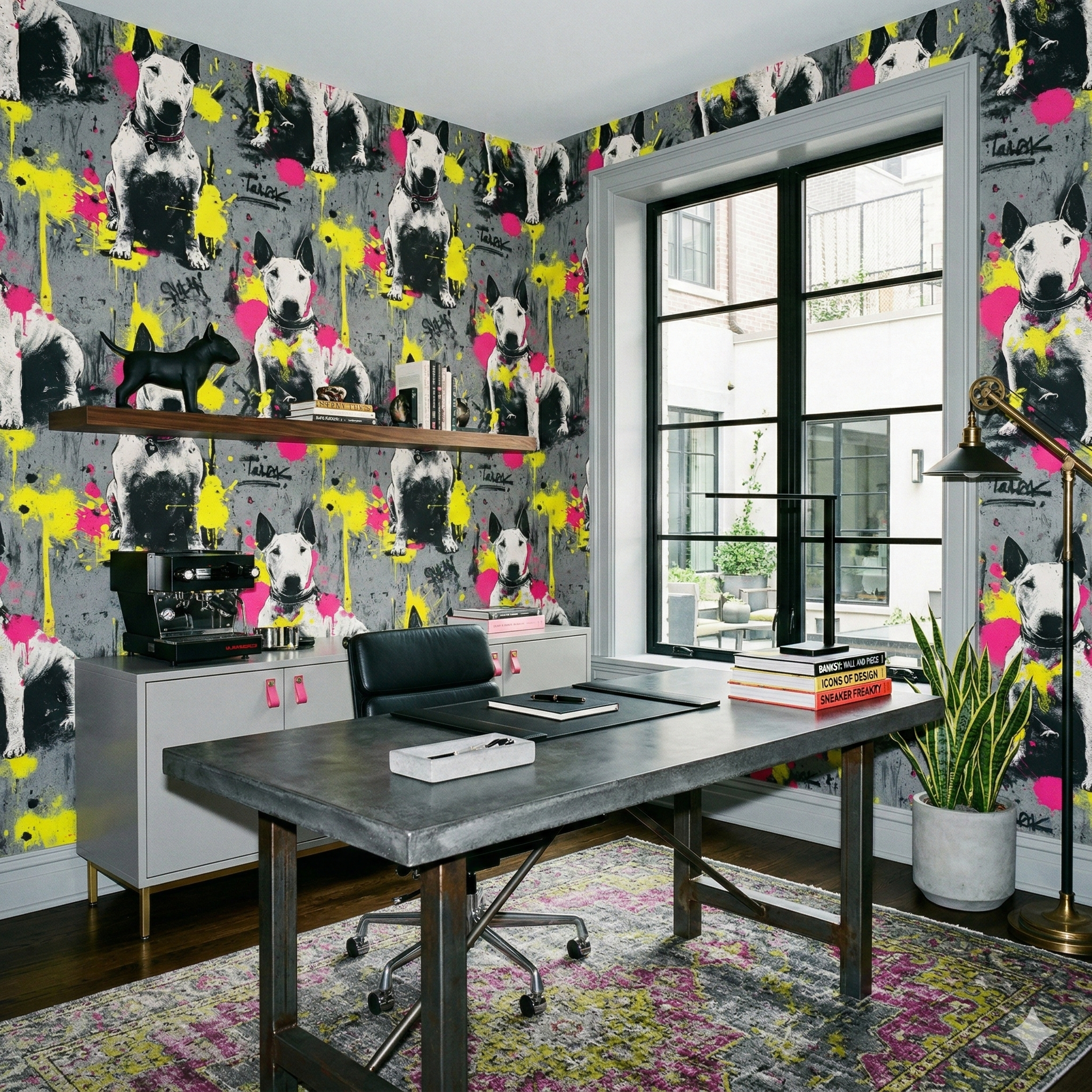 Graffiti Terrier Wallpaper with dog print by MINDTHEGAP, displaying black, gray, yellow, and pink splatters.