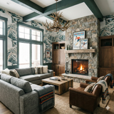 Patterned wallpaper with green accents and leaf designs, covering an entire living room wall.
