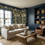 Tidepool Scatter wallpaper with bird pattern, shown on the walls of a blue study.