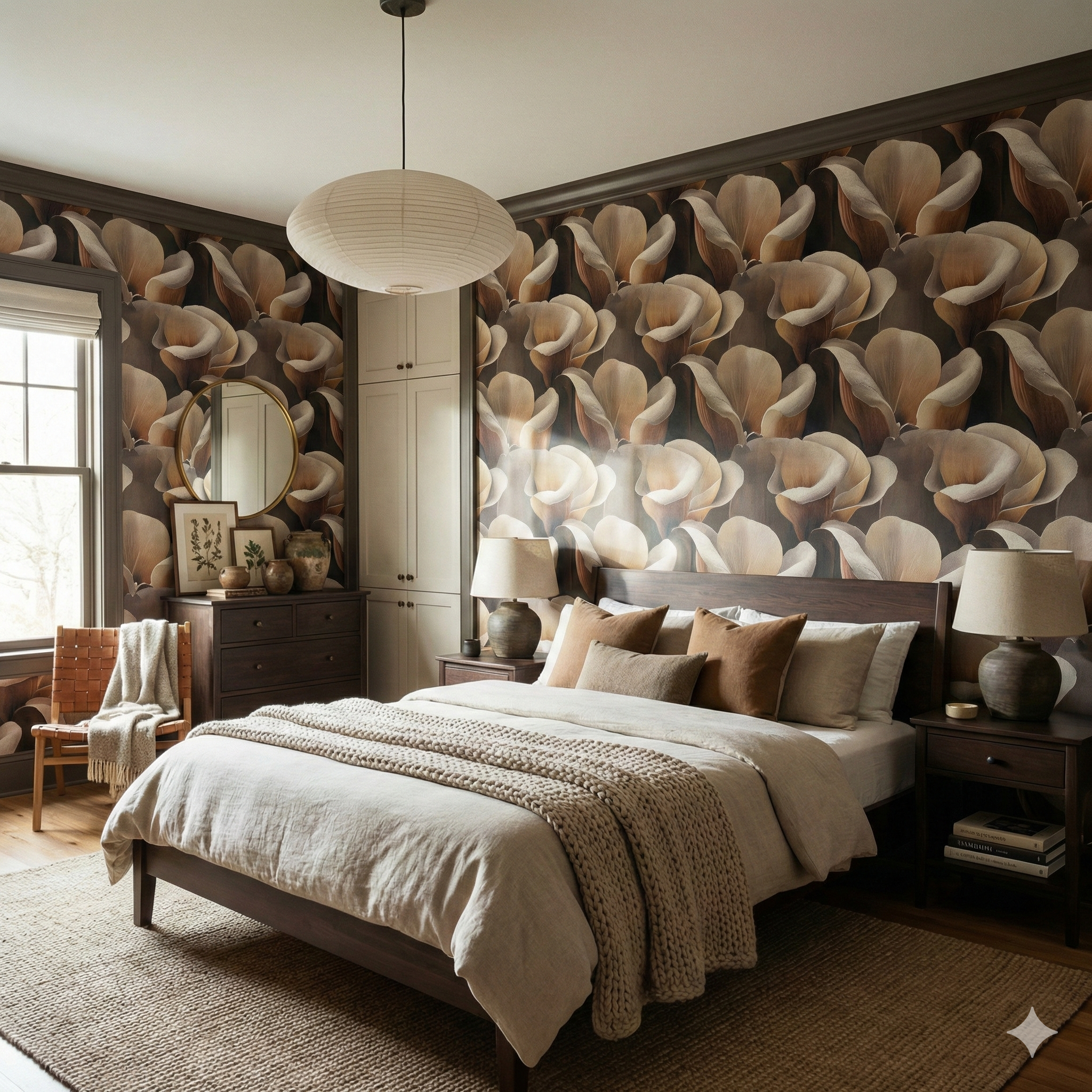 Desert Bloom Study Wallpaper with magnolia flower pattern on the bedroom wall.