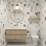 Linework Matrix Wallpaper with a square pattern, displayed on a bathroom wall with a mirror and sink.
