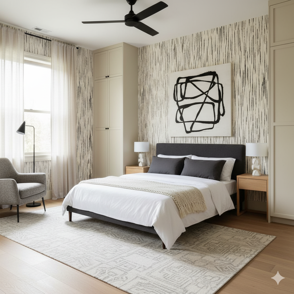 Textured wallpaper by Blackwood Etch, featuring an abstract vertical dash pattern, covering a bedroom wall.