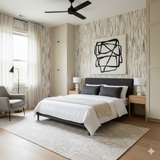 Textured wallpaper by Blackwood Etch, featuring an abstract vertical dash pattern, covering a bedroom wall.