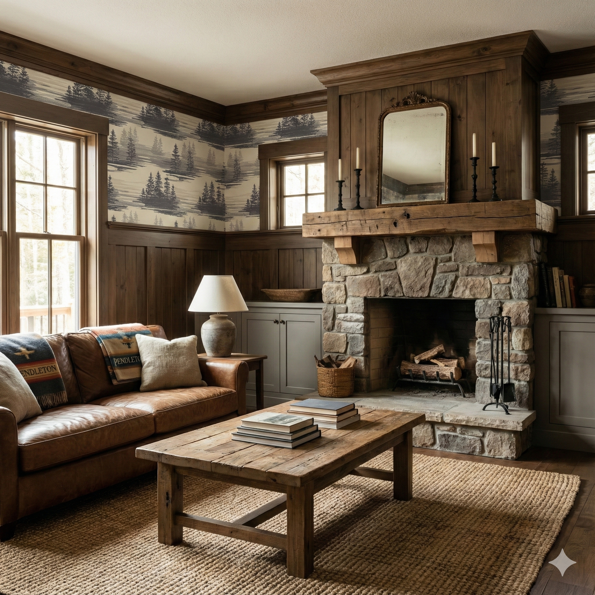 Misted Pines Inlet Wallpaper with tree pattern, dark accents, and rustic styling.