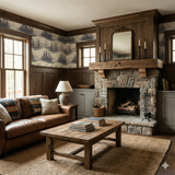 Misted Pines Inlet Wallpaper with tree pattern, dark accents, and rustic styling.