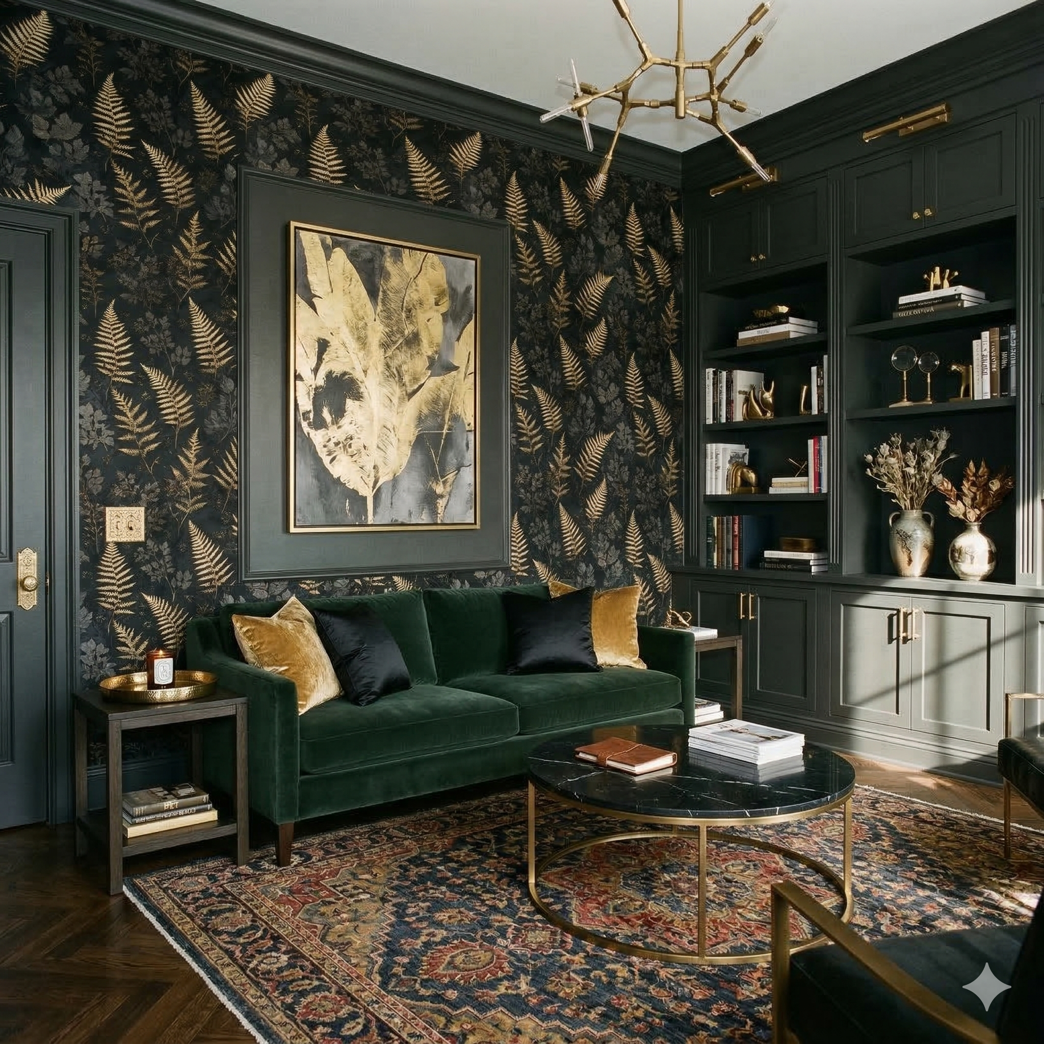 Black botanical wallpaper with gold fern pattern, gilded details, and a matte texture.
