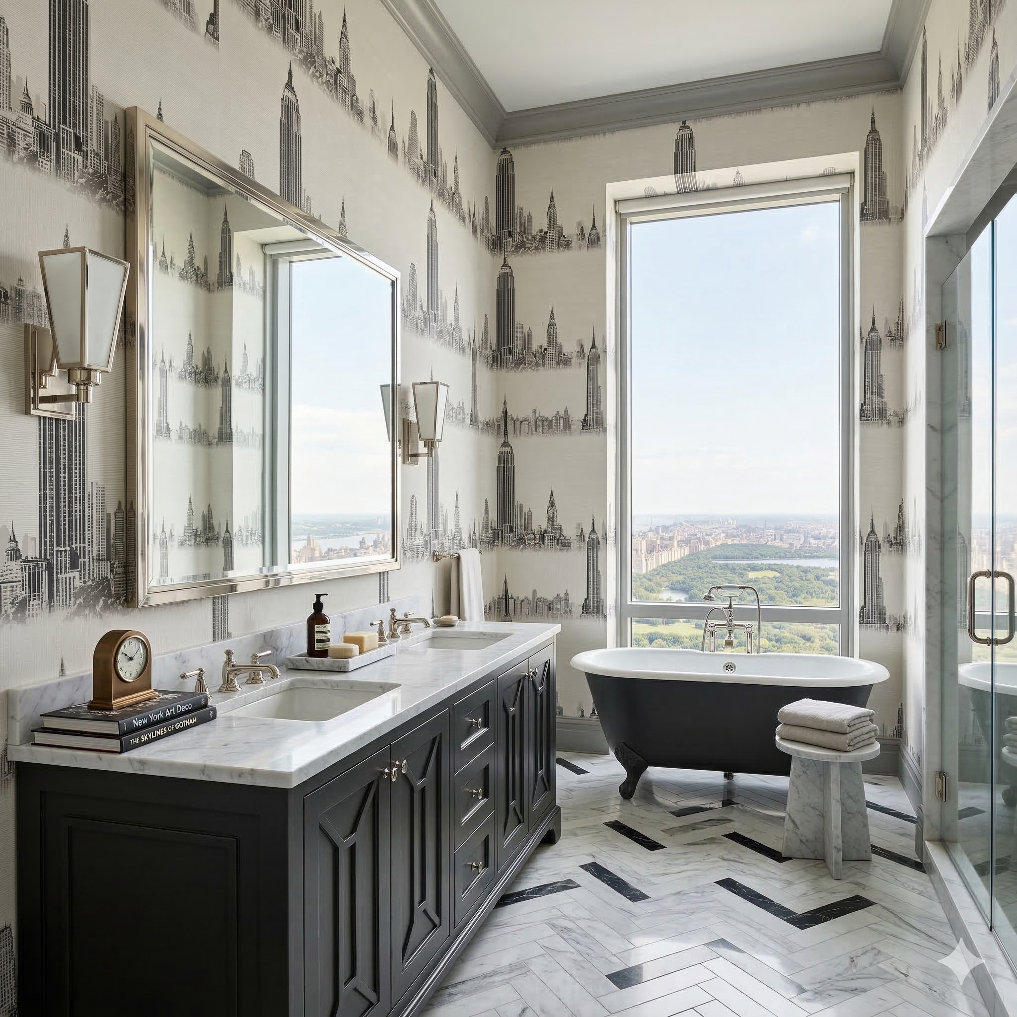 Gotham Meridian Wallpaper with cityscape pattern, on bathroom walls.

