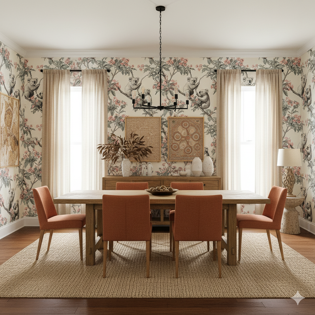 Gumtree Companions Wallpaper with gray and pink floral koala design, covering a dining room.