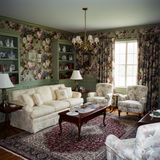 Floral Rosemont Garden Wallpaper with a pink floral pattern on green background.