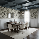 Floral wallpaper with a botanical etching pattern, in a dining room setting.