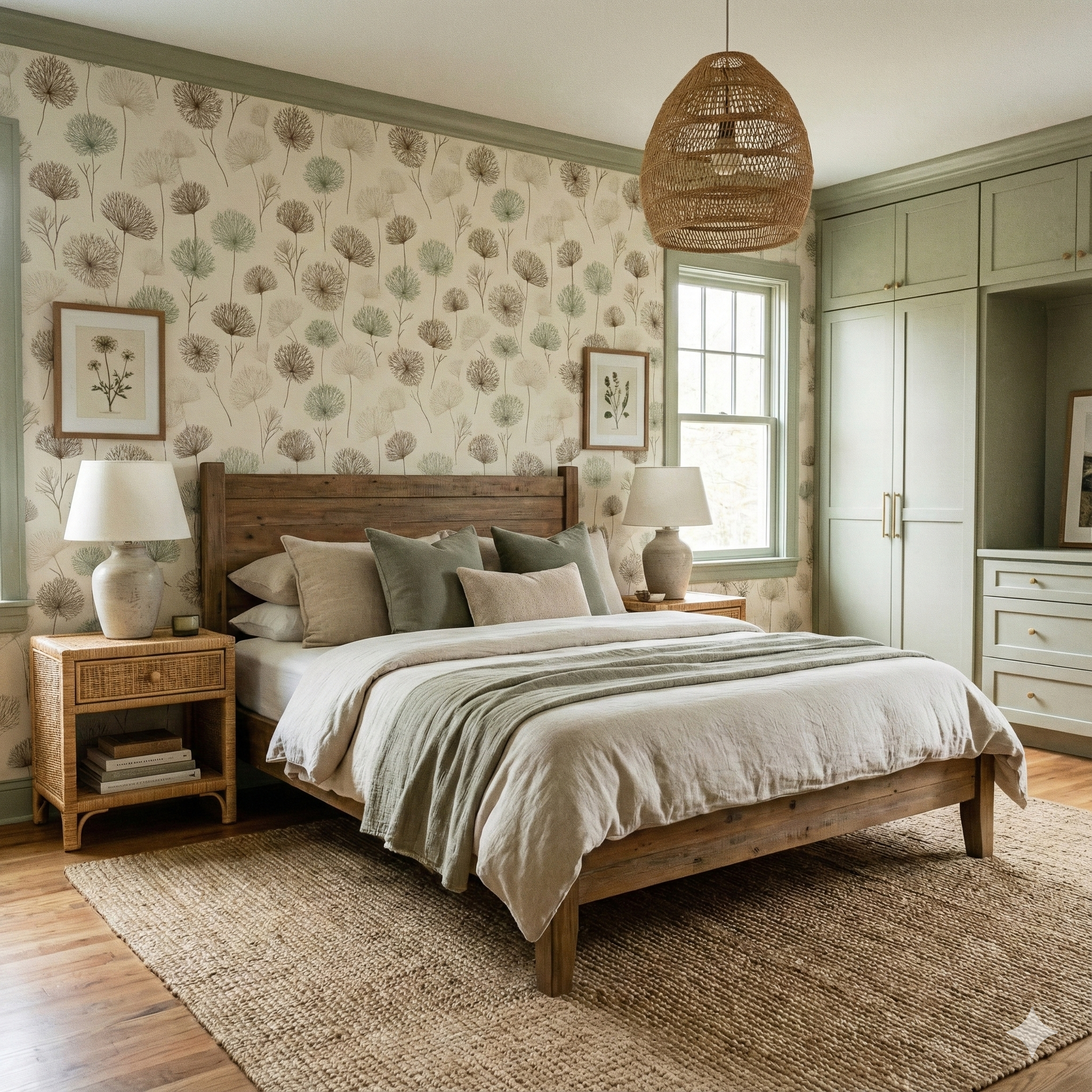 Larkspire Meadowdraft Wallpaper with a dandelion pattern featuring green and brown floral elements.