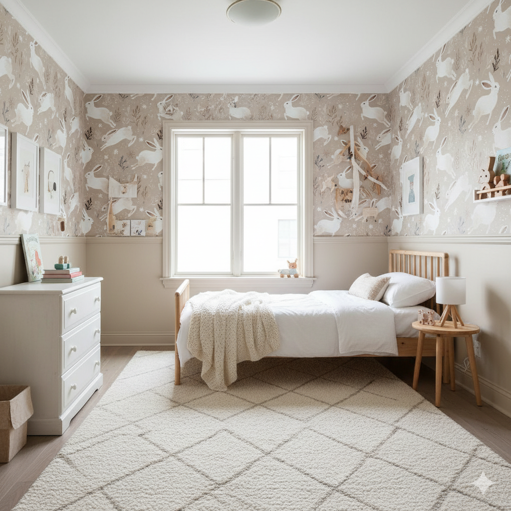 Willow & Thistle wallpaper featuring rabbit and plant pattern, covering the walls in a neutral children's bedroom.