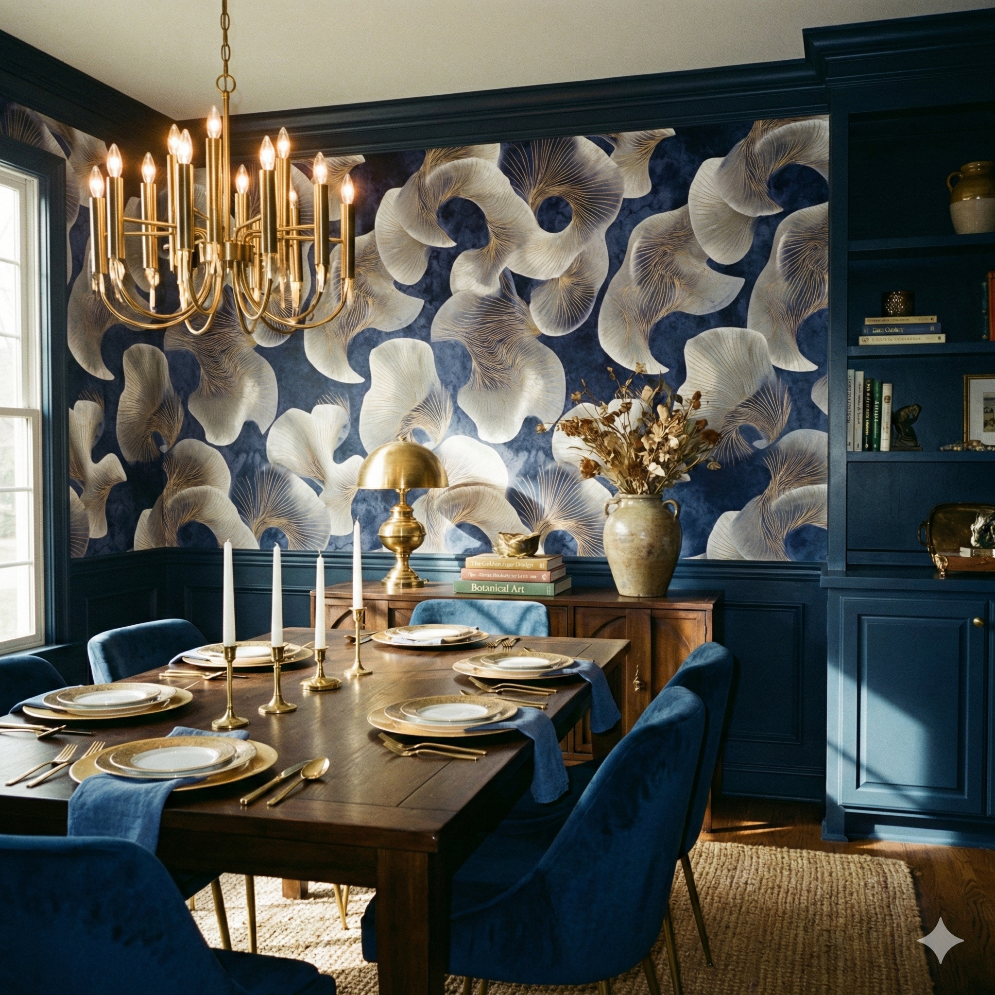 Gilded Petalum wallpaper with a blue botanical pattern, floral accents, and metallic gold details.
