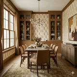 Aurelian Sheaf wallpaper with wheat pattern on a neutral background, installed in a traditional dining room.
