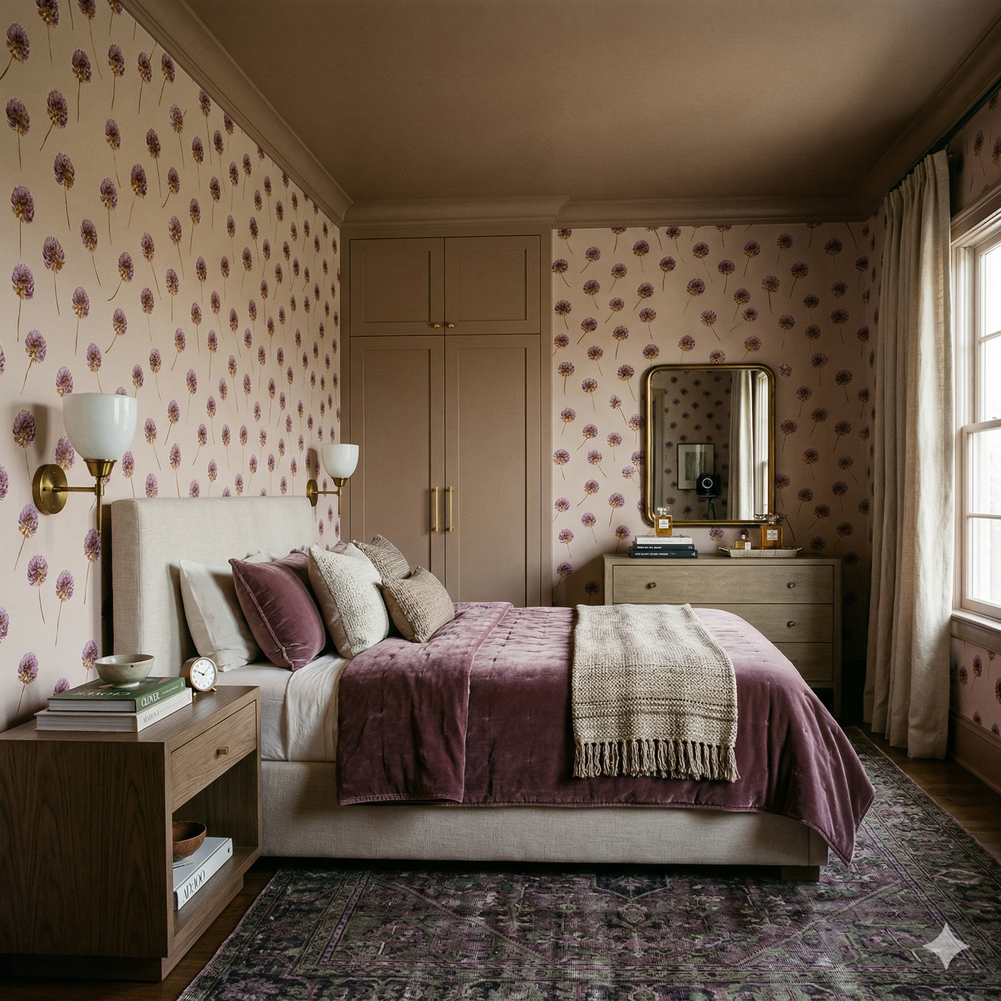 Floral scatter wallpaper with purple clovers, in a bedroom setting.