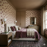 Floral scatter wallpaper with purple clovers, in a bedroom setting.