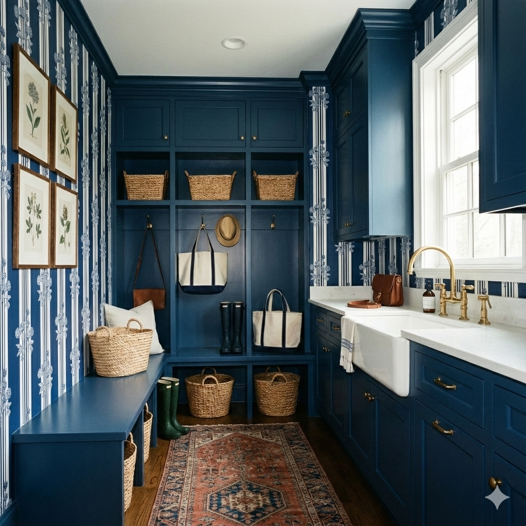 Midnight Calder Wallpaper with blue floral pattern by York Wallcoverings in a mudroom setting.
