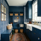 Midnight Calder Wallpaper with blue floral pattern by York Wallcoverings in a mudroom setting.