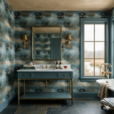 Brackenmoor Still wallpaper featuring a duck hunting dog pattern, on the wall of a bathroom with a vanity and bathtub.
