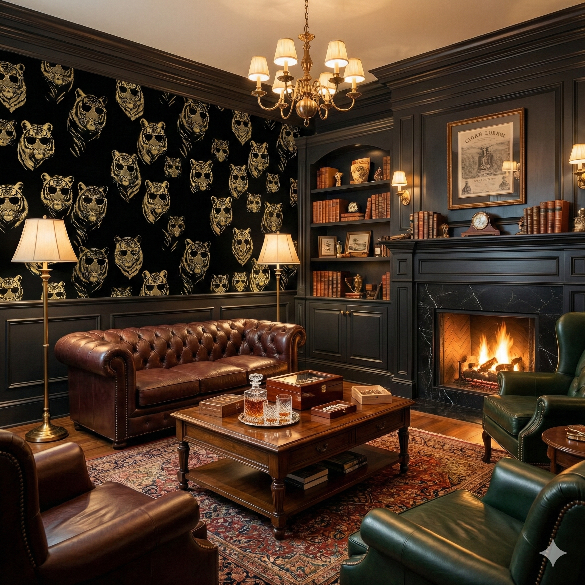 Black and gold Nightfall Maharaja wallpaper featuring tiger head motifs.
