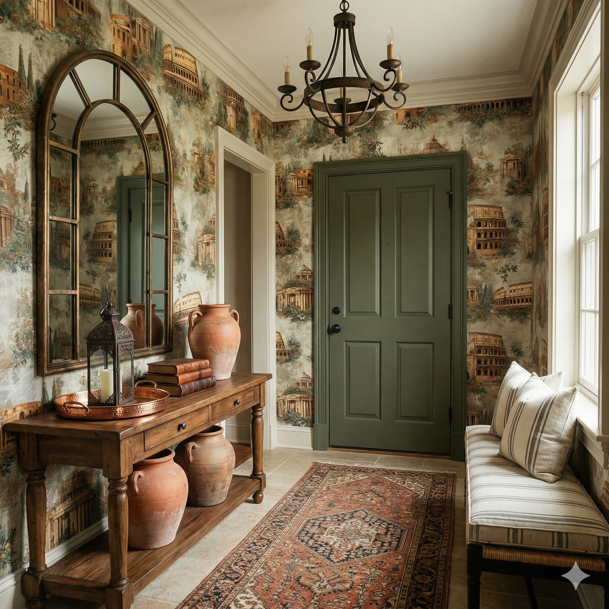 Roma Antiqua Wallpaper with historic architectural pattern and textured finish.