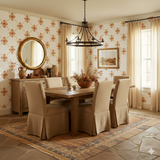 Santa Fe Lattice Wallpaper with a red and gold diamond pattern covering the wall.