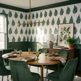 Fern wallpaper featuring green leaves on a white background, botanical print style.
