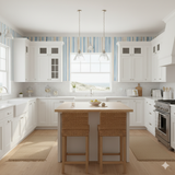 Seabrook Stripes Wallpaper with vertical stripes in blue and beige, adding a nautical theme to the kitchen.