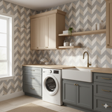 Meridian Weave Wallpaper with a herringbone pattern on a light grey, tan, and white textured surface.